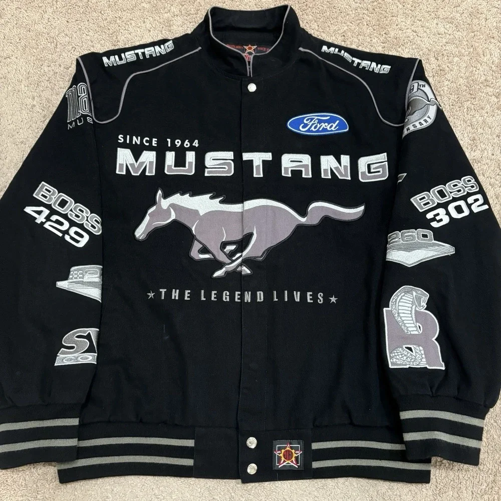 JH Design Ford Mustang Racing Jacket Men's XL Black Cotton SVTCobra Boss302